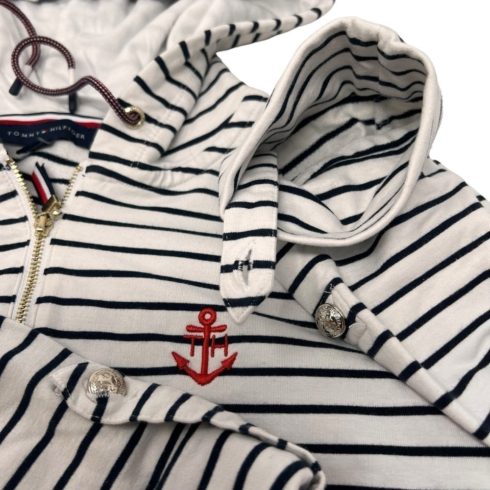 Tommy Hilfiger Women’s Patriotic Striped Long Roll Tab Sleeve 1/4 Zip Hoodie Med - Picture 13 of 14